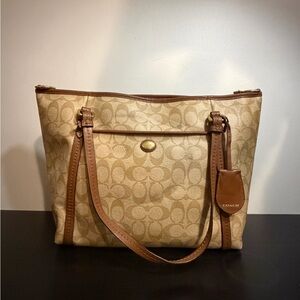 COACH Signature Canvas Tote in Tan and Brown Leather